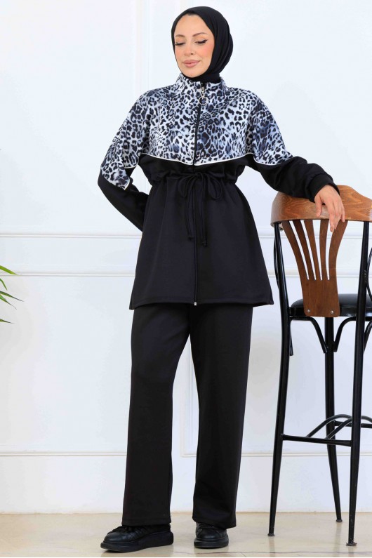 Leopar Desenli Scuba İkili Takım N5357 Siyah Leopar Desenli Scuba İkili Takım N5357 Siyah