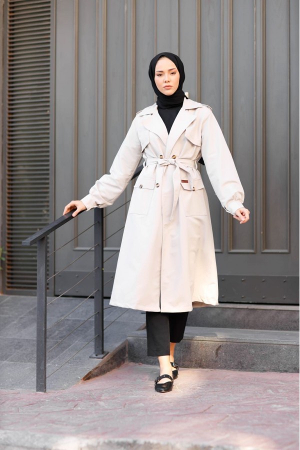  Kuşakli Cepli̇ Trençkot Taş 2274