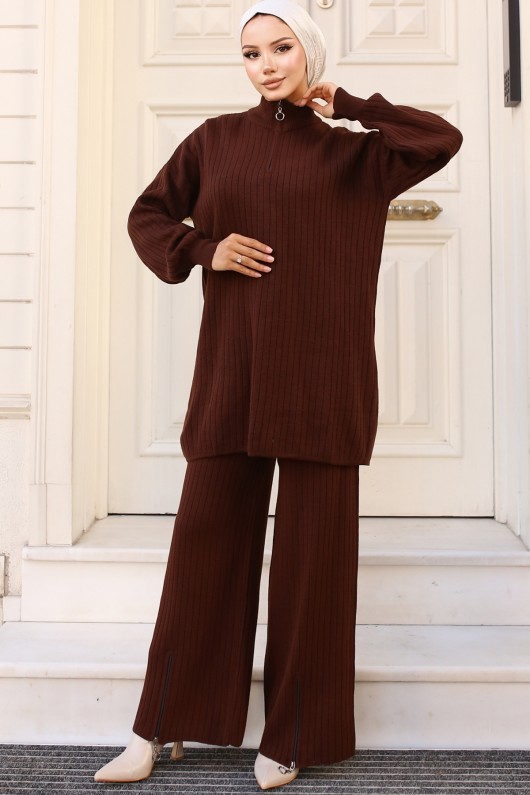 Paçası Fermuarlı Triko Takım Kahverengi 11030-36 Paçası Fermuarlı Triko Takım Kahverengi 11030-36