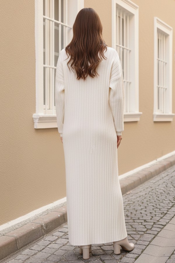  Yakası Fermuarlı Fitilli Triko Elbise Taş Rengi 11032-11