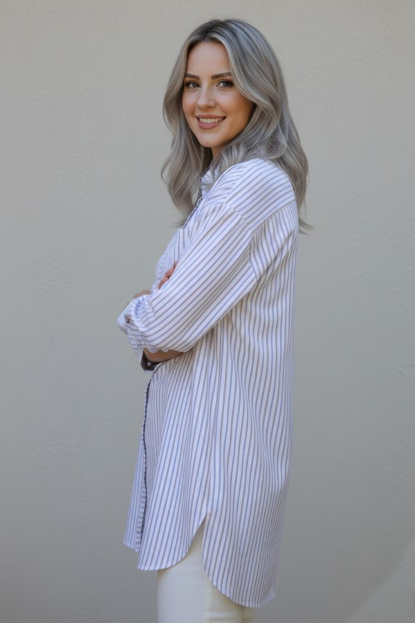  Çizgili Gömlek Krem 12025