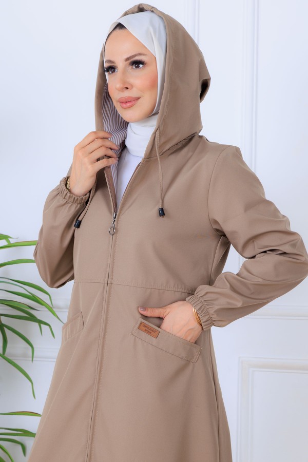 İçi Desenli Uzun Kap O1215 Vizon