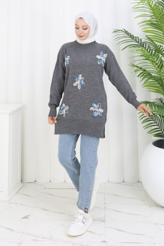 Çiçekli Triko Tunik S3010 Antrasit Çiçekli Triko Tunik S3010 Antrasit