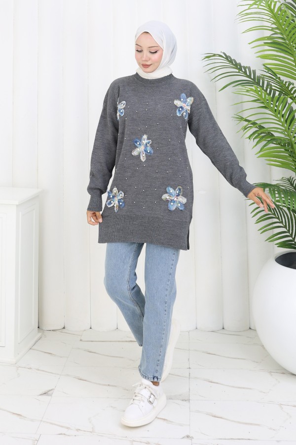 Çiçekli Triko Tunik S3010 Antrasit Çiçekli Triko Tunik S3010 Antrasit