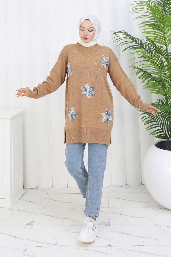 Çiçekli Triko Tunik S3010 Vizon Çiçekli Triko Tunik S3010 Vizon