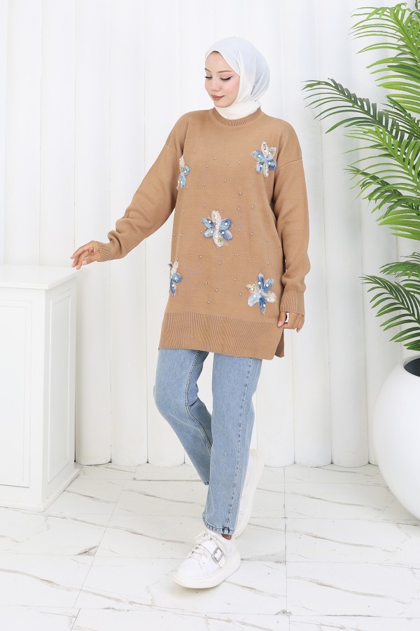 Çiçekli Triko Tunik S3010 Vizon Çiçekli Triko Tunik S3010 Vizon