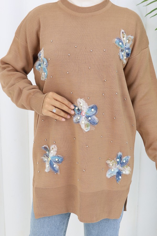 Çiçekli Triko Tunik S3010 Vizon Çiçekli Triko Tunik S3010 Vizon