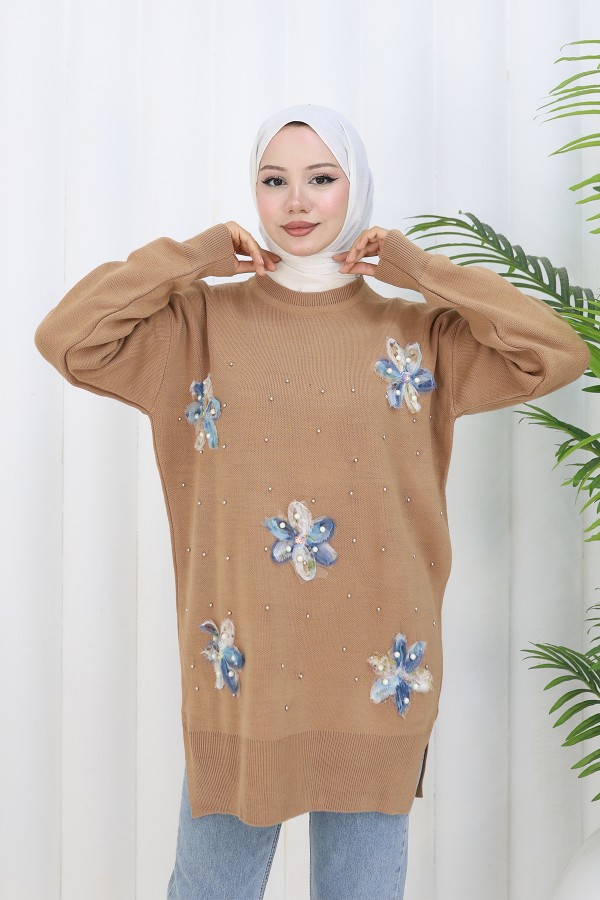 Çiçekli Triko Tunik S3010 Vizon Çiçekli Triko Tunik S3010 Vizon