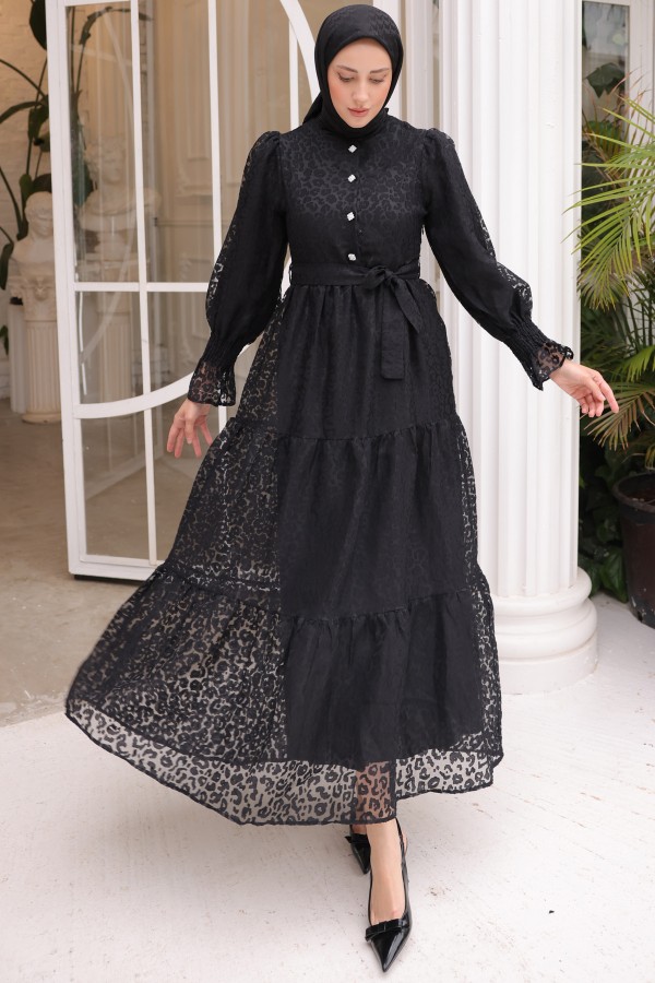 Dantelli Şifon Elbise Siyah 1387 Dantelli Şifon Elbise Siyah 1387