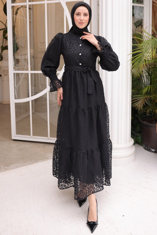 Dantelli Şifon Elbise Siyah 1387 Dantelli Şifon Elbise Siyah 1387