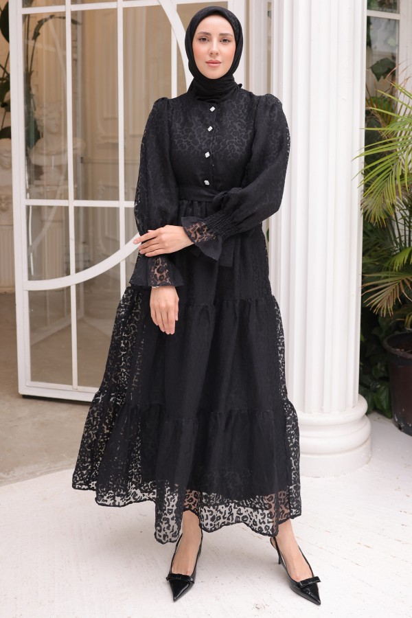 Dantelli Şifon Elbise Siyah 1387 Dantelli Şifon Elbise Siyah 1387