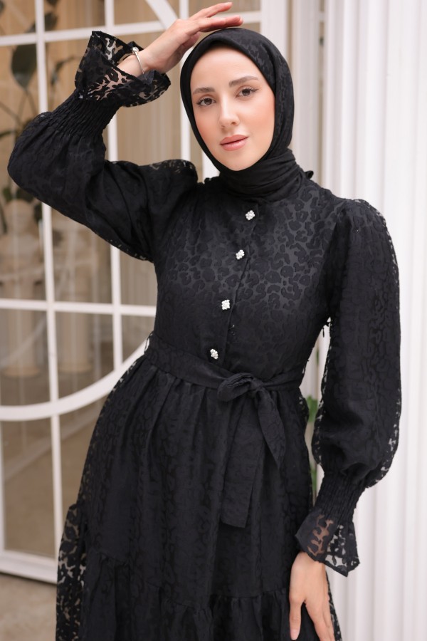 Dantelli Şifon Elbise Siyah 1387 Dantelli Şifon Elbise Siyah 1387