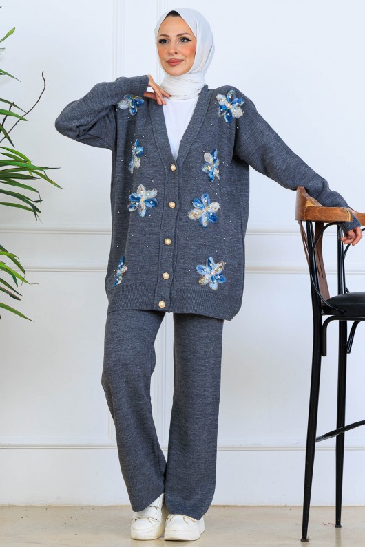 Çiçekli Triko Hırka Takım S1001 Antrasit Çiçekli Triko Hırka Takım S1001 Antrasit