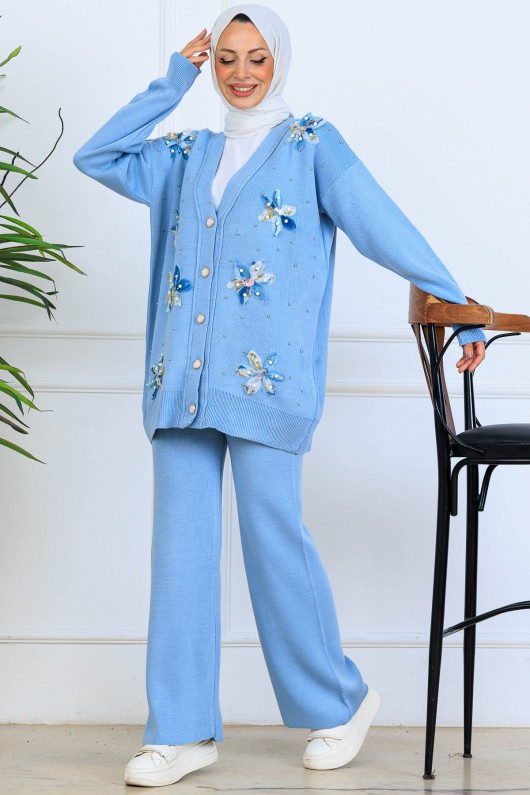 Çiçekli Triko Hırka Takım S1001 Mavi Çiçekli Triko Hırka Takım S1001 Mavi