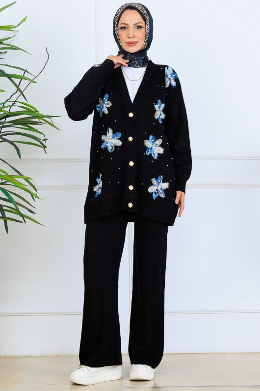 Çiçekli Triko Hırka Takım S1001 Siyah Çiçekli Triko Hırka Takım S1001 Siyah