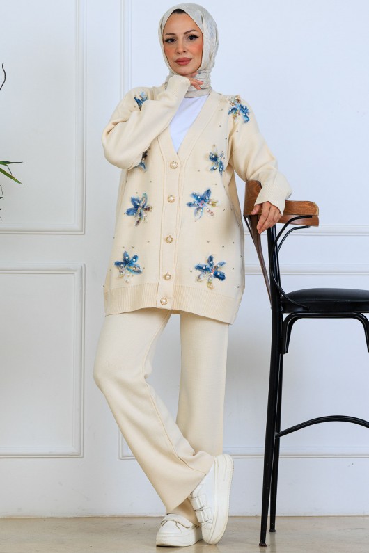 Çiçekli Triko Hırka Takım S1001 Taş Rengi Çiçekli Triko Hırka Takım S1001 Taş Rengi