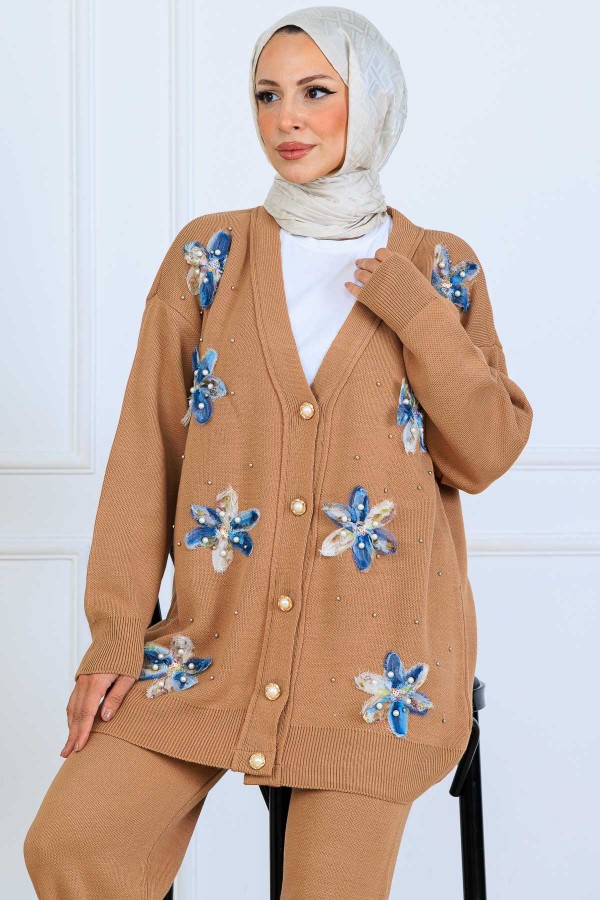 Çiçekli Triko Hırka Takım S1001 Vizon
