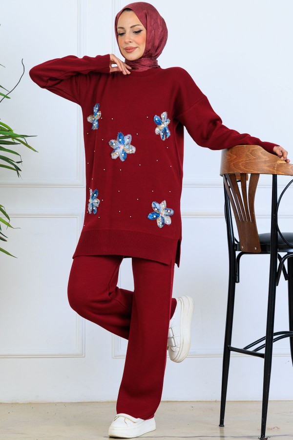 Çiçekli Triko Takım S1006 Bordo Çiçekli Triko Takım S1006 Bordo