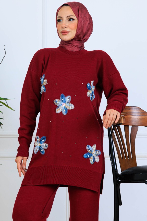 Çiçekli Triko Takım S1006 Bordo Çiçekli Triko Takım S1006 Bordo