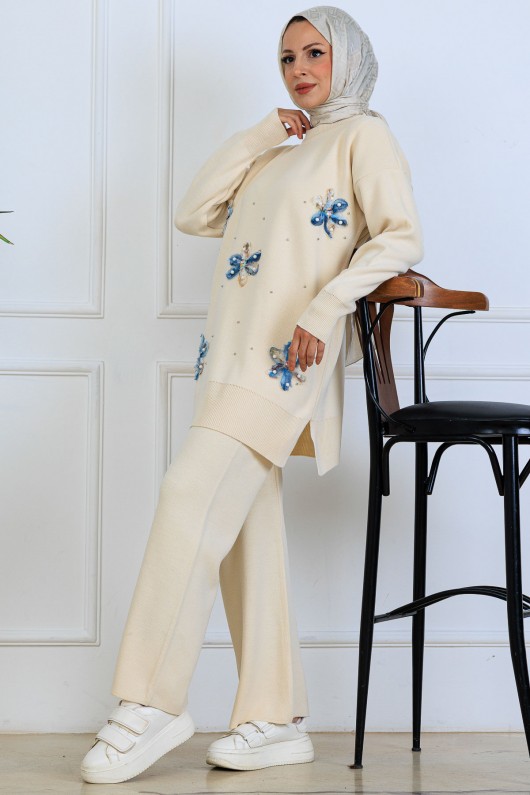 Çiçekli Triko Takım S1006 Taş Rengi Çiçekli Triko Takım S1006 Taş Rengi