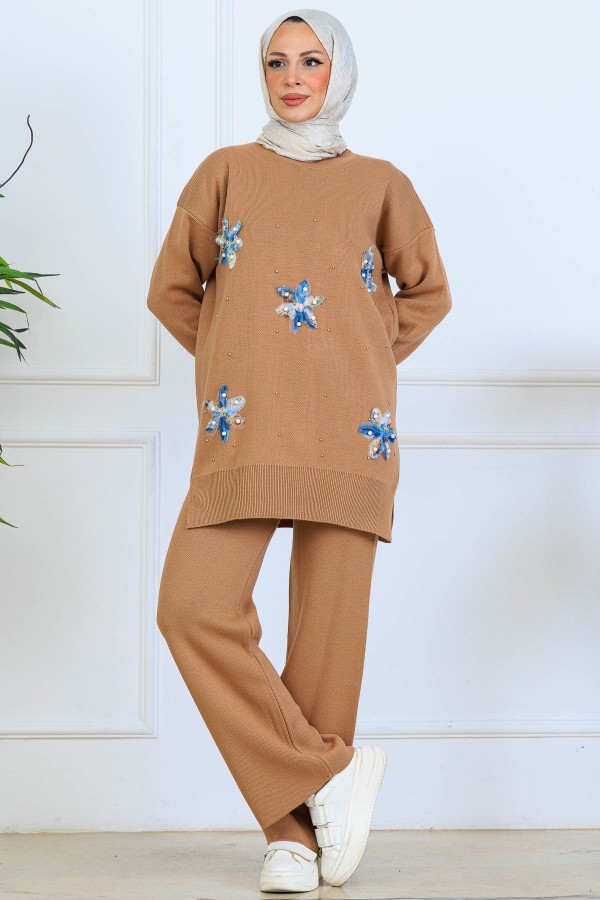 Çiçekli Triko Takım S1006 Vizon