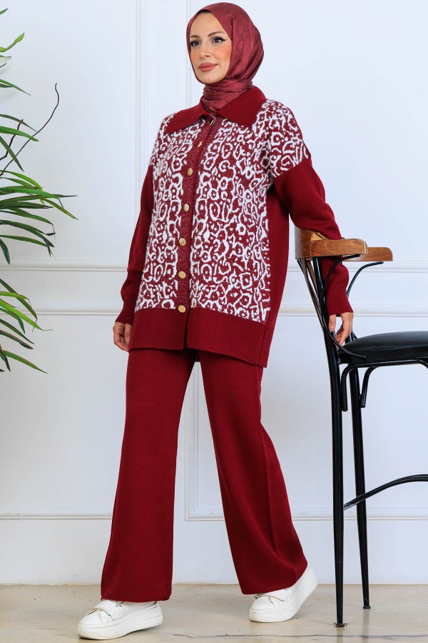 Desenli Düğme Detaylı Triko Takım S1124 Bordo