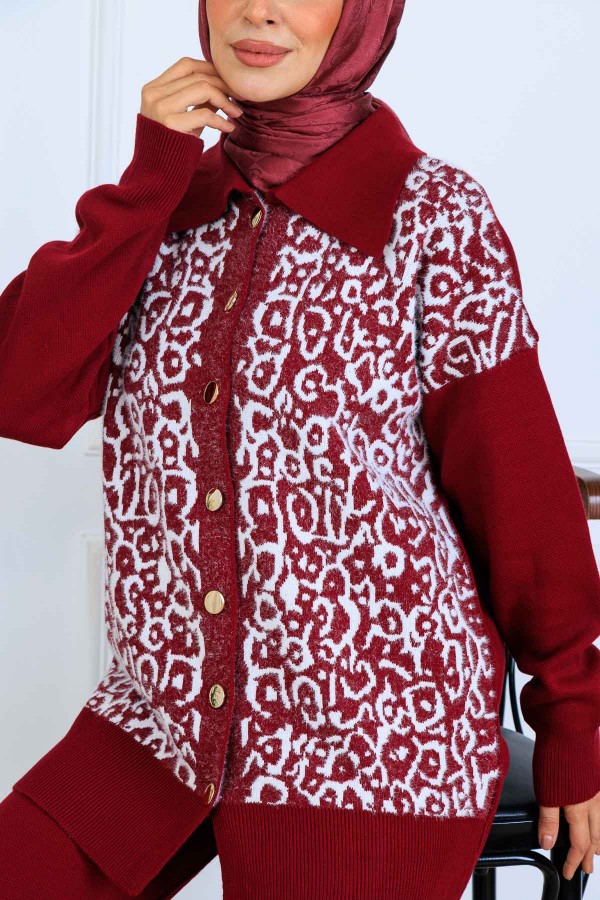 Desenli Düğme Detaylı Triko Takım S1124 Bordo