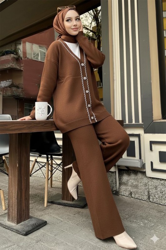 Şerit Detaylı Triko Ceket Takım H25302 Kahverengi