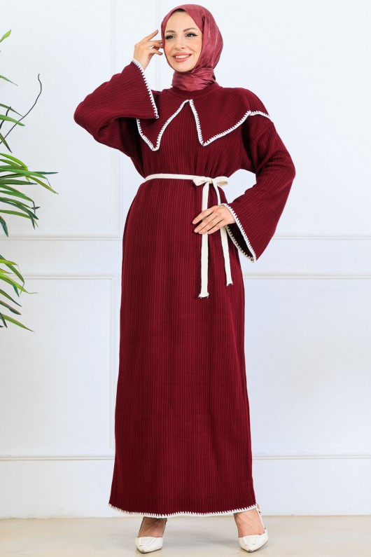 Yaka Detaylı Triko Elbise K3036 Bordo Yaka Detaylı Triko Elbise K3036 Bordo