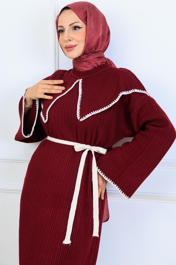 Yaka Detaylı Triko Elbise K3036 Bordo