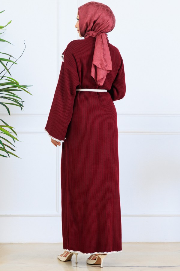 Yaka Detaylı Triko Elbise K3036 Bordo