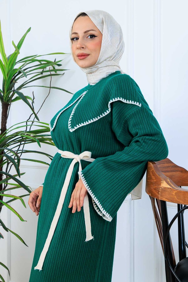 Yaka Detaylı Triko Elbise K3036 Zümrüt Yeşili