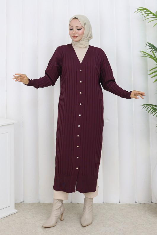 Desenli Uzun Merserize Hırka N3257 Mürdüm