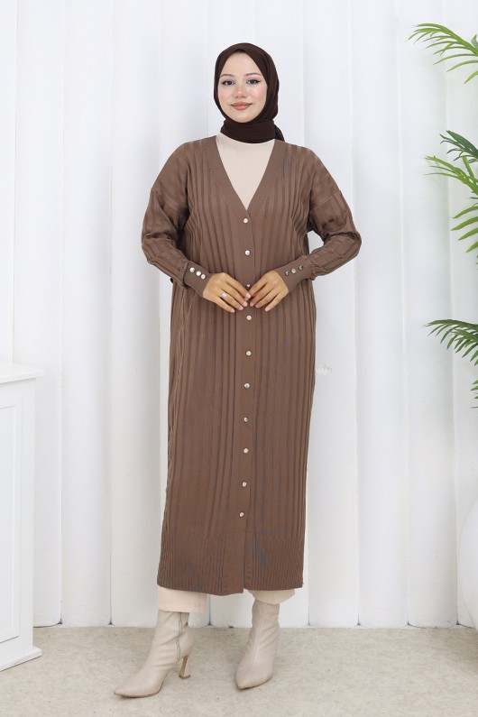 Desenli Uzun Merserize Hırka N3257 Vizon