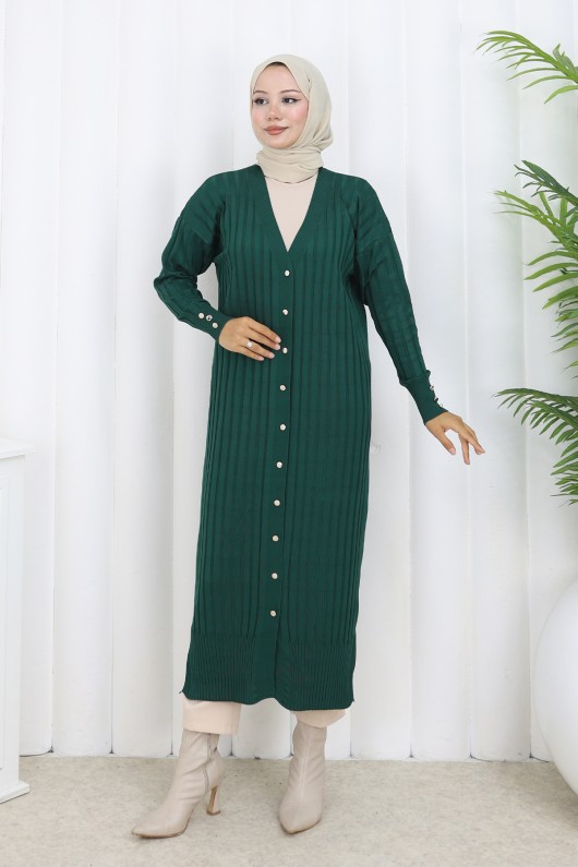 Desenli Uzun Merserize Hırka N3257 Zümrüt Yeşili