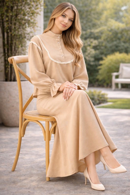  Yakası Örgü Detaylı İkili Takım Bej 2078