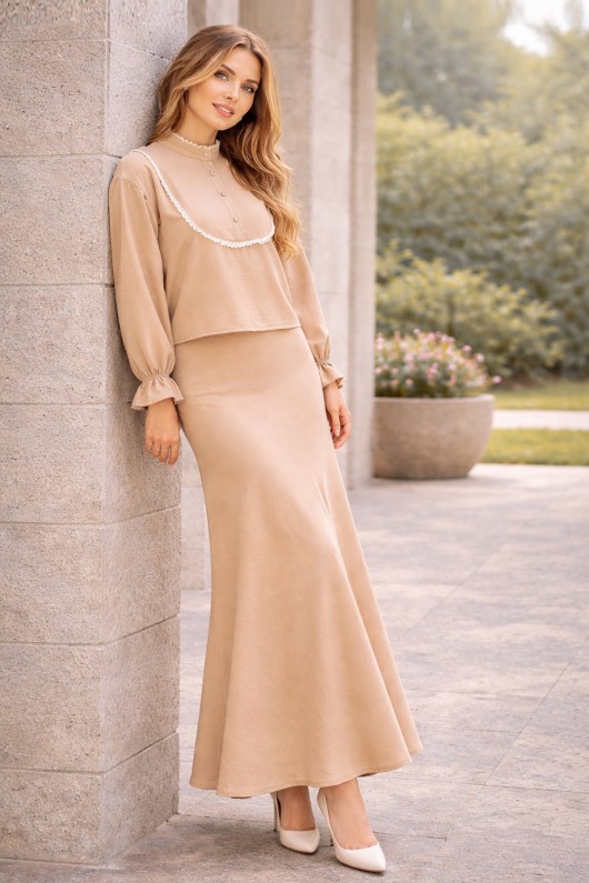  Yakası Örgü Detaylı İkili Takım Bej 2078