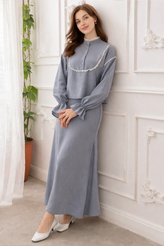  Yakası Örgü Detaylı İkili Takım Gri 2078