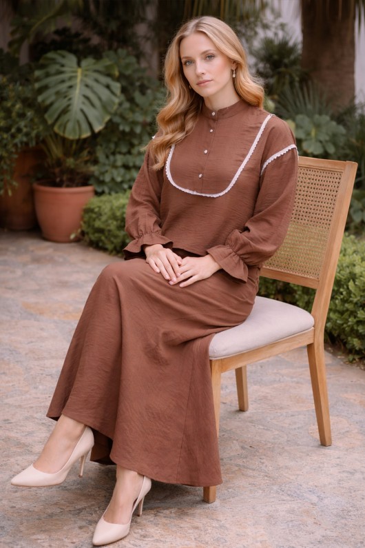  Yakası Örgü Detaylı İkili Takım Kahverengi 2078