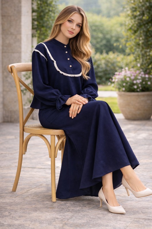  Yakası Örgü Detaylı İkili Takım Lacivert 2078