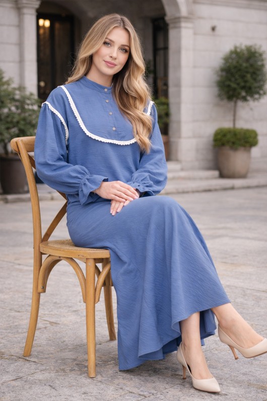  Yakası Örgü Detaylı İkili Takım Mavi 2078