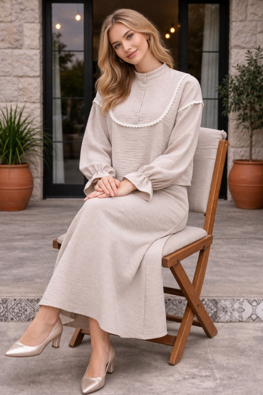  Yakası Örgü Detaylı İkili Takım Vizon 2078