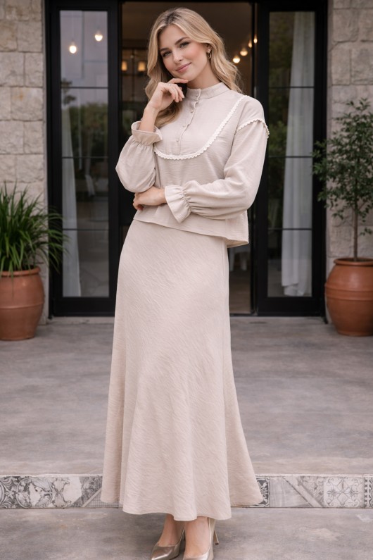  Yakası Örgü Detaylı İkili Takım Vizon 2078