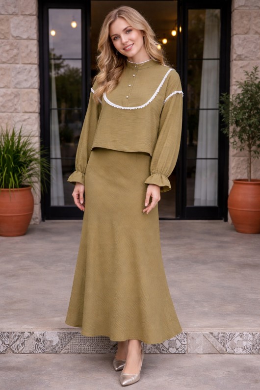  Yakası Örgü Detaylı İkili Takım Yağ Yeşili 2078