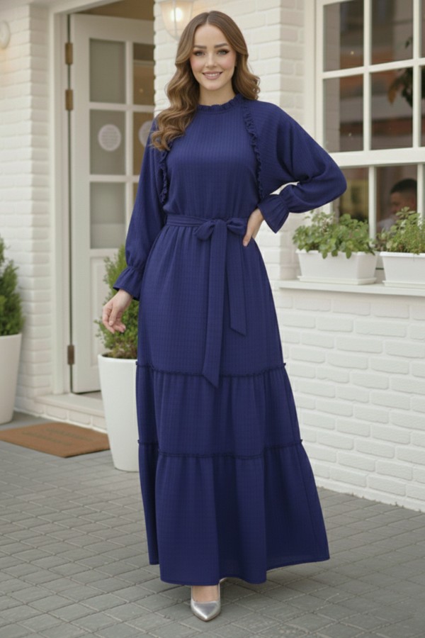 Kuşaklı Fırfır Detaylı Elbise Lacivert 2084 Kuşaklı Fırfır Detaylı Elbise Lacivert 2084