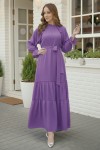  Kuşaklı Fırfır Detaylı Elbise Lila 2084