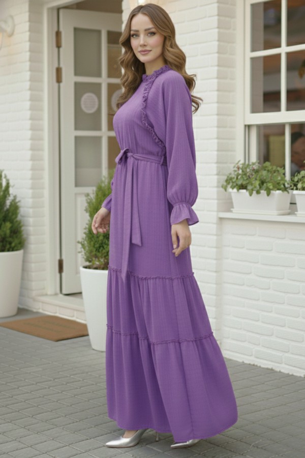  Kuşaklı Fırfır Detaylı Elbise Lila 2084
