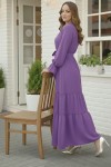  Kuşaklı Fırfır Detaylı Elbise Lila 2084