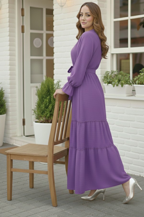  Kuşaklı Fırfır Detaylı Elbise Lila 2084