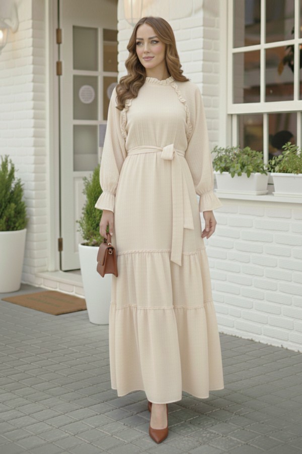 Kuşaklı Fırfır Detaylı Elbise Taş Rengi 2084 Kuşaklı Fırfır Detaylı Elbise Taş Rengi 2084